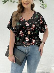 SHEIN Essnce 圣诞节服装圣诞老人雪人图案女式夏季短袖V领宽松大码T恤套头衫 - 黑色 - 查看 4