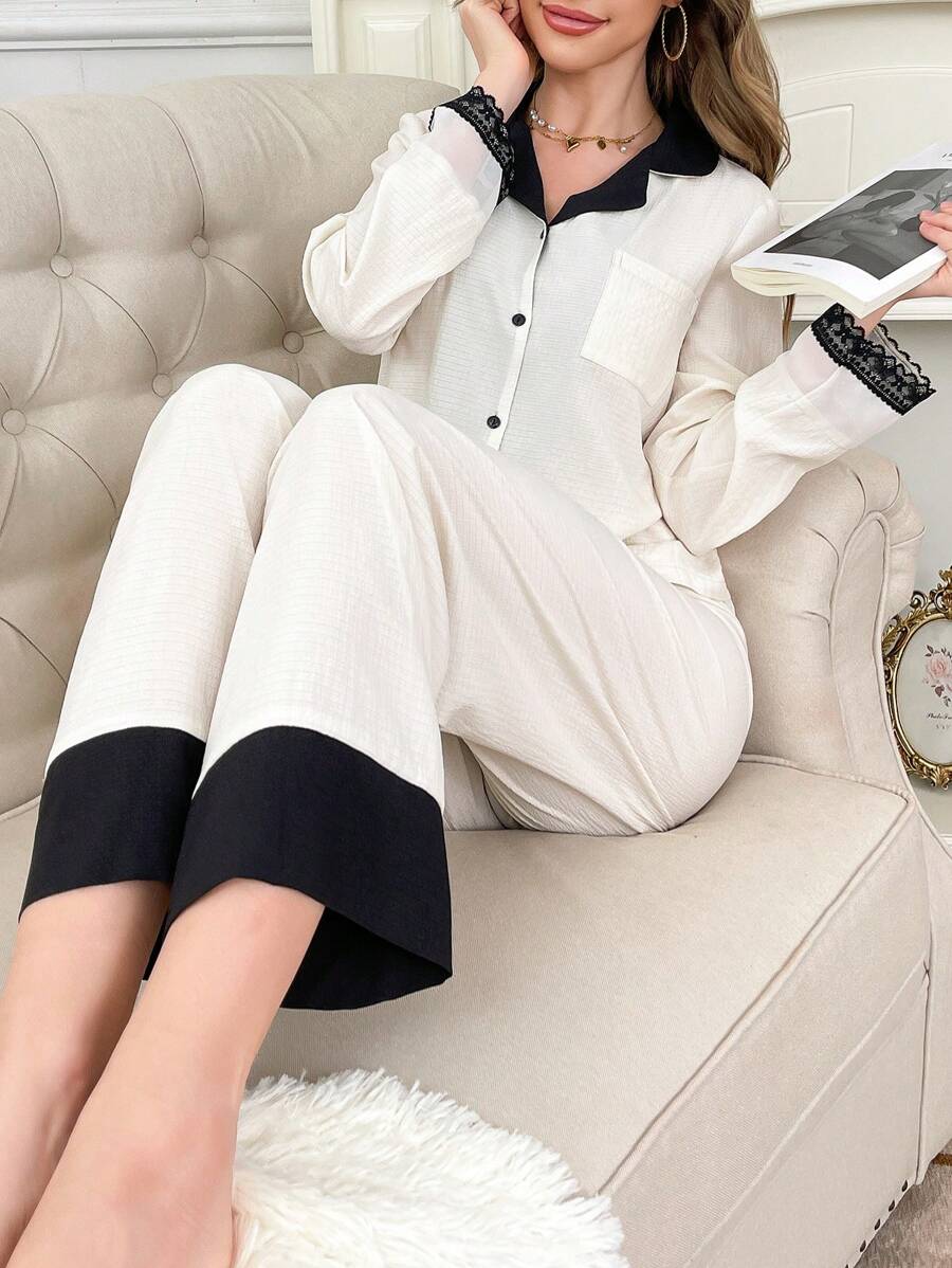 Contrast Color Puff Wrinkle Women Pajama Set - Multicolor - View 1