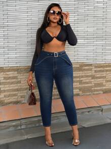 SHEIN SXY 大码女式弹力牛仔蓝色复古纽扣紧身裤 - 藍色 - 查看 6