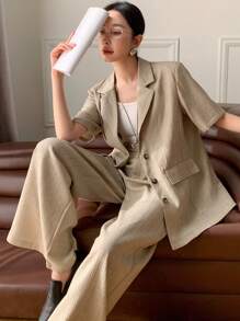 DAZY Classic Solid Color Loose Fit Short Sleeve Jacket And Wide Leg Pants Women Suit Set, Spring/Summer Linen Business Attire - Khaki - View 1