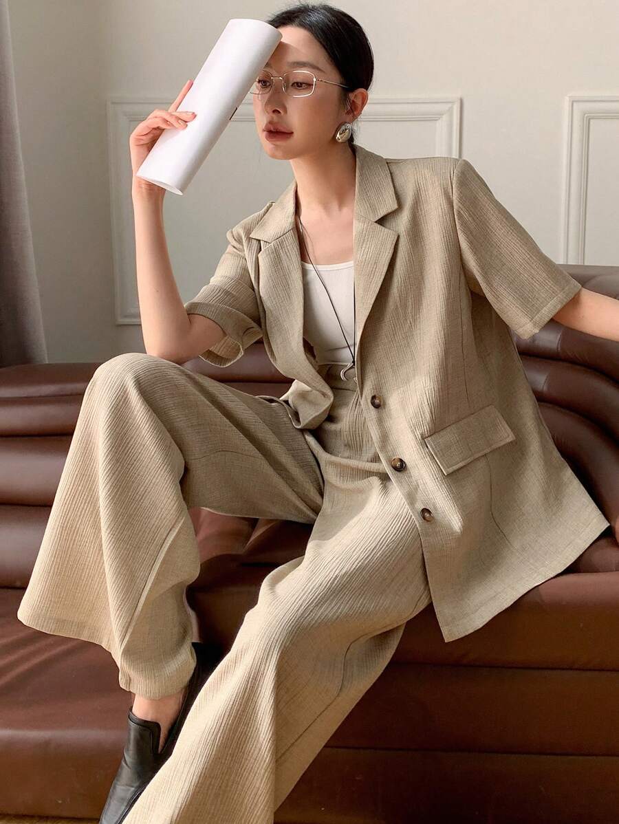 DAZY Classic Solid Color Loose Fit Short Sleeve Jacket And Wide Leg Pants Women Suit Set, Spring/Summer Linen Business Attire - Khaki - View 1