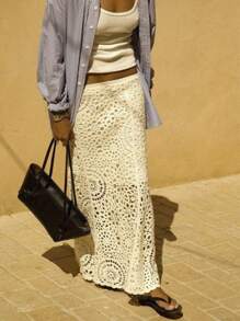 SHEIN Essnce 女士纯色镂空简约 A 字裙，休闲日常穿着