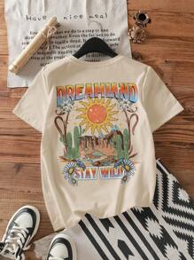 Attitoon Casual Minimalist Cactus Pattern Round Neck Short Sleeve Loose Women T-Shirt, Summer, Containing Cotton - Apricot - View 1