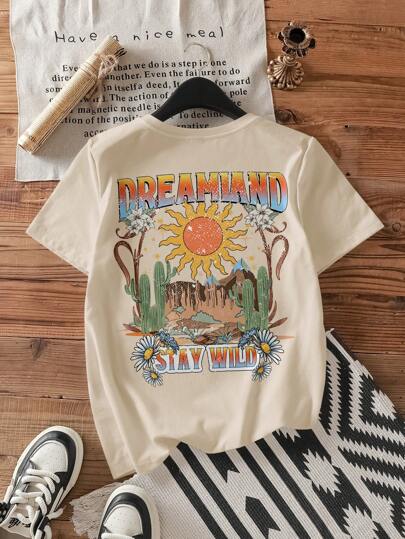 Attitoon Casual Minimalist Cactus Pattern Round Neck Short Sleeve Loose Women T-Shirt, Summer, Containing Cotton