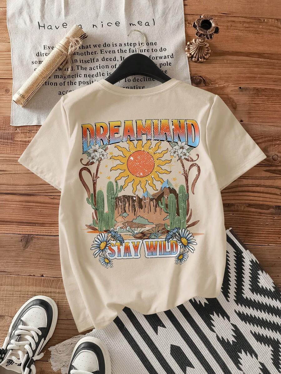 Attitoon Casual Minimalist Cactus Pattern Round Neck Short Sleeve Loose Women T-Shirt, Summer, Containing Cotton - Apricot - View 1