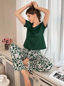 2 件套女士纯色圆领 T 恤和印花休闲裤睡衣