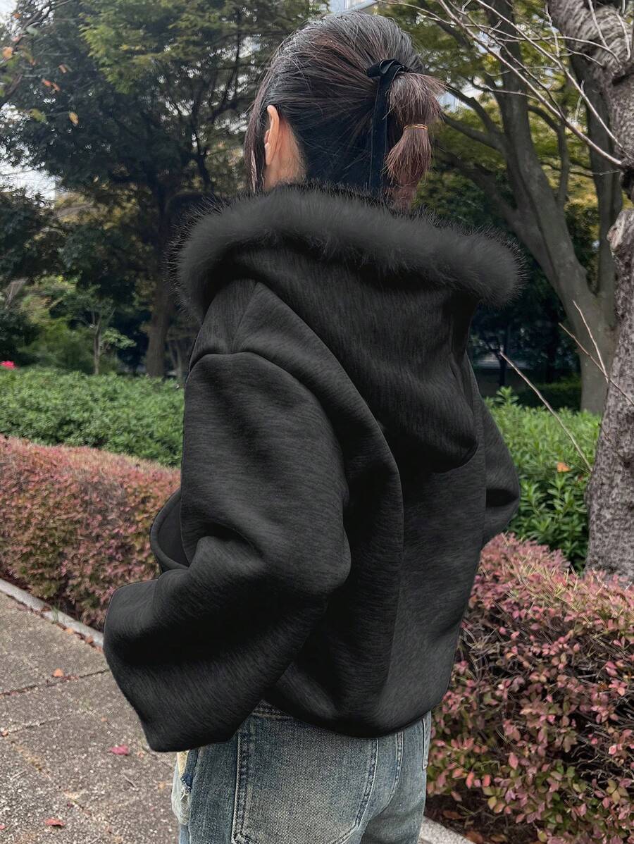 Women Fur Collar Patchwork Long Sleeve Casual Hoodie Sweatshirt - Black - View 1