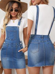 SHEIN LUNE Women's Wide Strap Button Pocket Casual Denim Bib Pants - Blue - View 1