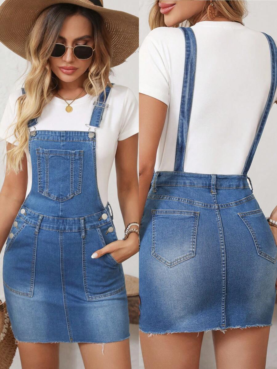 SHEIN LUNE Women's Wide Strap Button Pocket Casual Denim Bib Pants - Blue - View 1