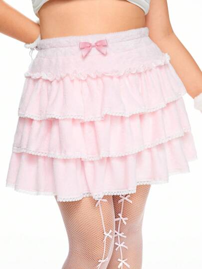 Kawaii Grande taille Femme Jolie jupe à volants en dentelle avec nœud, volumineuse, pour l'automne/l'hiver