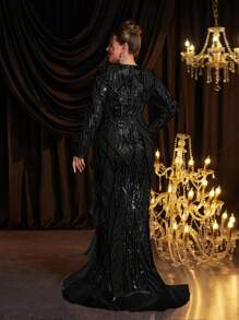 Glamrae Plus Size Sequin Patchwork Organza Multi-Layer Exaggerated Ruffle High Waist Elegant Evening Dress, Wedding Guest Dress, Party Dress, Formal Dress,Gown