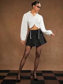 Hauture Women's Sophisticated Elegant Black Tweed Pleated Mini Skirt,High Waist Black And White Checkered Autumn School Back-To-School Casual Formal Skirts - Black - View 4