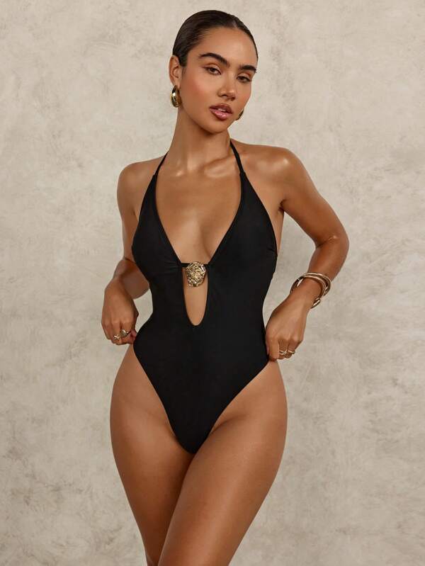 Swim Glamine تي شيرت نسائي أنيق وعصري بتصميم عنق حلقي مفرغ، لون أحادي، مناسب للارتداء اليومي