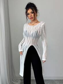 Chiquease 女士优雅性感镂空圆领插肩袖开衩修身长款针织毛衣，秋冬款 - 白色 - 查看 3