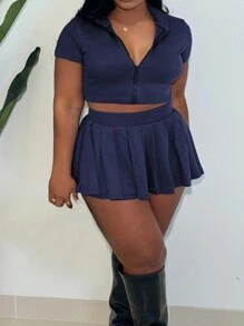 INAWLY Plus Size Women 2pcs Set: Solid Color Zipper Front Short Sleeve Top And Pleated Midi Skirt - Blue - View 1