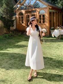 DAZY Đầm dài vừa phải cổ chữ V tay bồng trang trí nơ cho nữ mùa hè - trắng - Xem 5