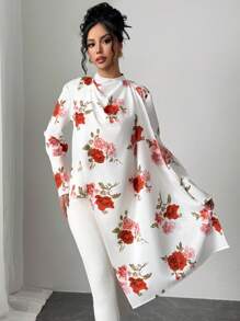 Calvaya Camisa de mujer con patrón de rosa y cuello de bufanda, manga larga, elegante