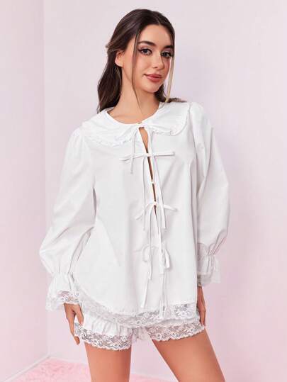 Kawaii Vanilla Girl Pastoral Ruffle Collar Lace Patchwork Drawstring Waist Long Sleeve Jumpsuit Pajama Set For Women