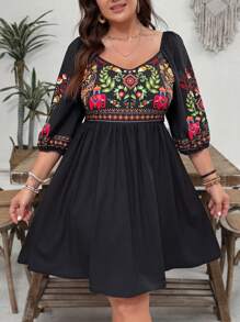 SHEIN VCAY Plus Size Black Heart Neckline Floral & Animal Retro Print A-Line Mini Dress, Boho Casual Resort Vacation Dress, Valentine,Beach Dress Sundress,Holiday Outfits