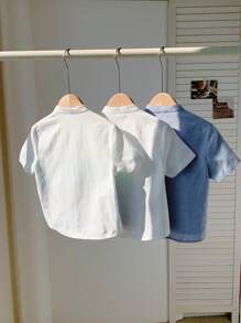 SHEIN Set de 3 camisas de moda con cuello mao, un solo botonadura, parches multicolor y bordados, diseñadas para niños, aptas para primavera, verano, otoño e invierno, uso en casa, al aire libre, en la escuela y para hacer deporte