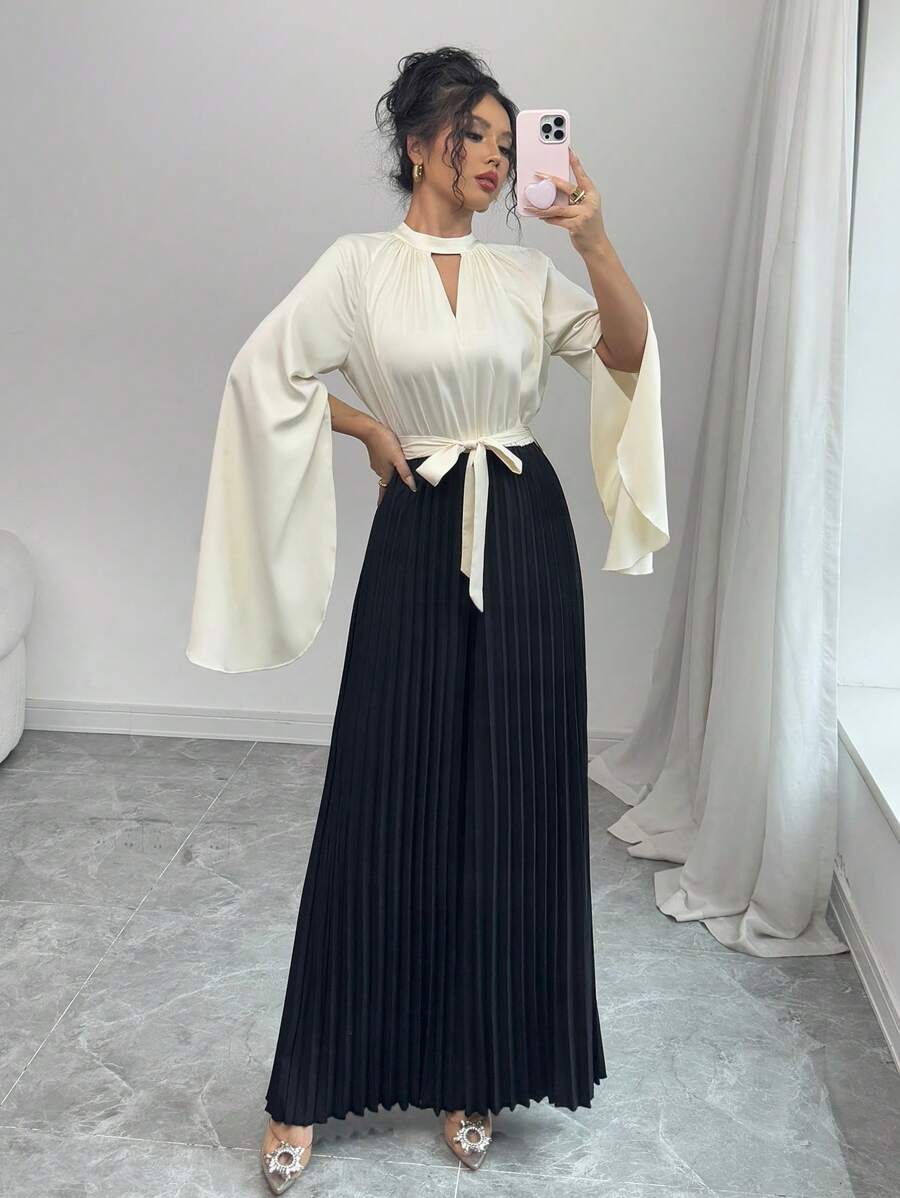 Elenzga Women's Elegant And Romantic Openwork Color-Blocked Crepe Jumpsuit With Triangle Neck - Multicolor - View 1