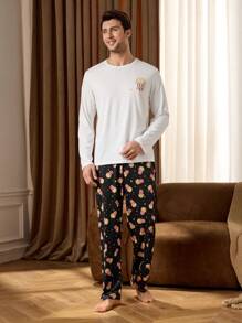 Notgurli 1 Set Men's Popcorn Print Long Sleeve Lounge Top And Pants Pajama Sets - Black and White - View 6