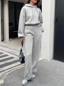 INAWLY Bộ 2 áo hoodie dài tay trễ vai màu trơn cho nữ và quần nỉ, trang phục thường ngày thu/đông - Màu Xám nhạt - Xem 5