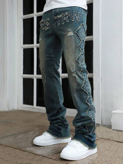 Street Life Jeans évasés à application de rivets en couches pour hommes