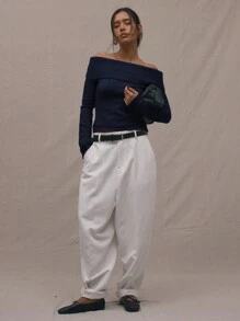 MUSERA Knitted Fold Over Jumper Spring Casual Brunch Summer Airport Cute Comfy Holiday - Navy Blue - View 4