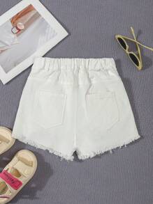 SHEIN Tween Girls' Loose Casual Minimalist Distressed Raw Hem Denim Shorts,Holiday,Summer,Travel, School, Campus, College - White - View 2