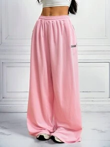 SHEIN EZwear Women Letter Print Detail Elastic Waist Simple Casual Long Pants, For Everyday Wear