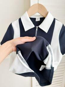 SHEIN 年轻男孩拼接撞色翻领前拉链 Polo 衫，休闲风格 - 藏蓝色 - 查看 3
