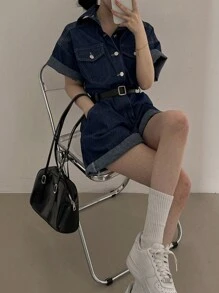 DAZY 女士休闲前扣短袖口袋牛仔连体裤