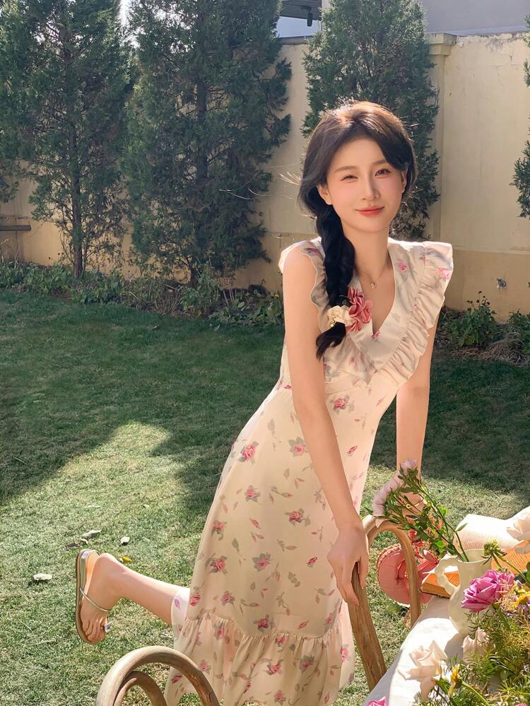 Women's V-Neck Satin Dress, Korean Style, Summer,Casual Women Dresses Maxi Dress Floral Dresses For Women