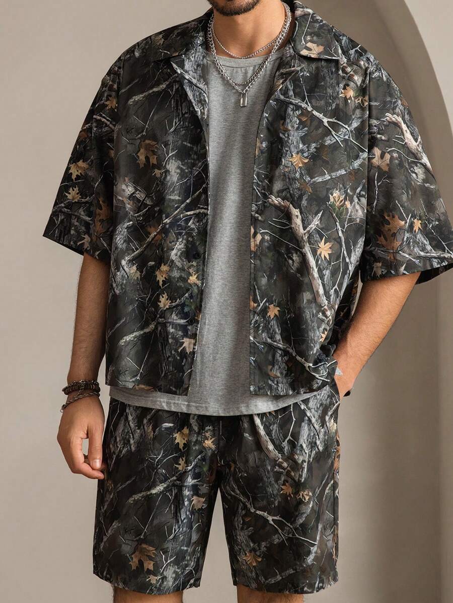 Mainfolk 2 件男士休闲梭织宽松短袖紧身衣和松紧腰直筒短裤套装,适合秋冬 - 彩色 - 查看 1