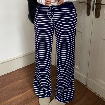 ストライプベルベット ワイドレッグパンツ、ドローストリング ウエスト、ヨガ&ルームウェア、秋冬