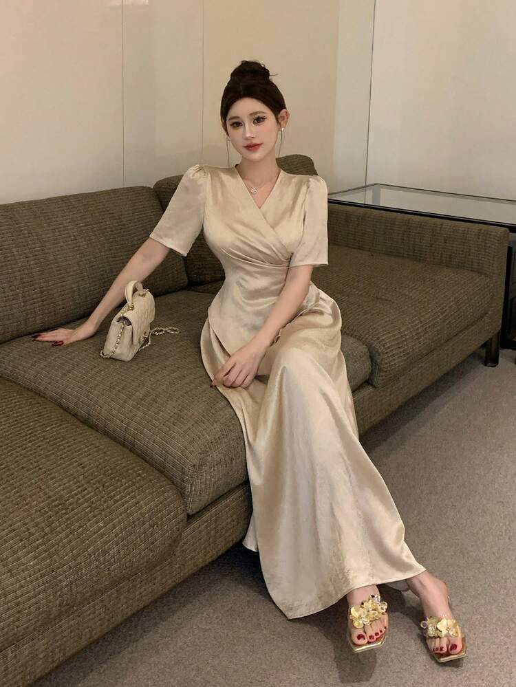 Women Acetate Loose Cross Blouse And Skirt 2pcs Set