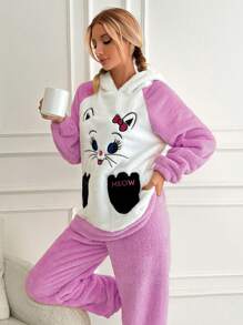 RueChic Cartoon Embroidered 3D Ear Design Hooded Flannel PJ Set - Purple - View 3
