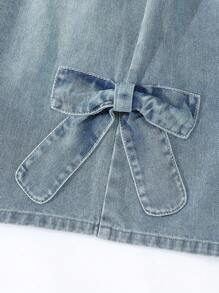 Sparklyn 适合少女的复古牛仔中长裙，休闲都市风格，侧边蝴蝶结、磨边下摆和松紧腰带 - 銅色 - 查看 4