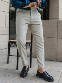 Manfinity Mode Pantalones casuales de hombre de Manfinity Mode - Pantalones de traje de negocios versátiles y de moda, de color liso y corte slim, regalo ideal para novio, pantalones blancos de hombre