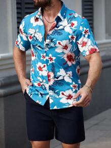 Manfinity RSRT Manfinity RSRT Men's Floral Print Short Sleeve Single-Breasted Shirt And Shorts 2 Pieces Set, Men Two Pieces Outfits, Summer Shirts For Men, Men Shirts Tropical, Men Summer Shirts