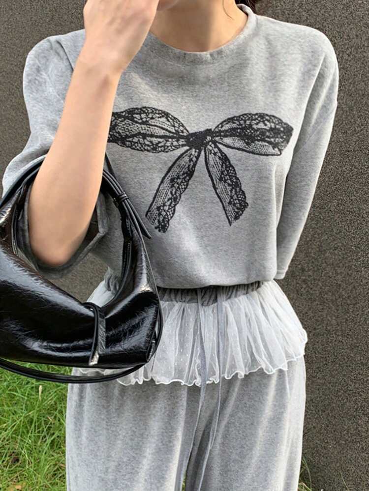 Women Loose Fit Bowknot Print Short Sleeve T-Shirt, Spring And Summer Cute Tops