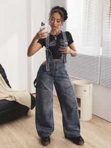 SHEIN ICON Women's Wide Strap Front Zipper Pocket Simple Casual Denim Bib Pants - Blue - View 3