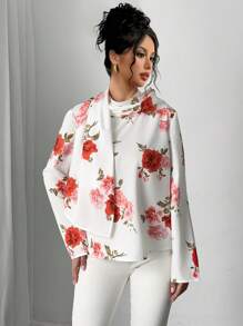 Calvaya Camisa de mujer con patrón de rosa y cuello de bufanda, manga larga, elegante