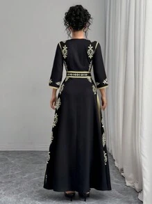 Chiquease Vestido de mujer de manga larga con escote en V, ajuste de cintura y vuelo, con estampado retro elegante