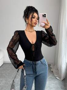 Chiquease Lace Bowknot Front Black Bodysuit, Minimalist Fashion Casual Bodysuit For Everyday Wear Fall Cloth For Women