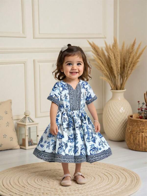 SHEIN Baby Girl Retro Elegant Floral Dress