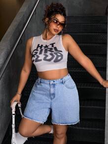 SHEIN ICON Shorts informales de mezclilla con botones, bolsillos y bajo deshilachado, tallas grandes para verano