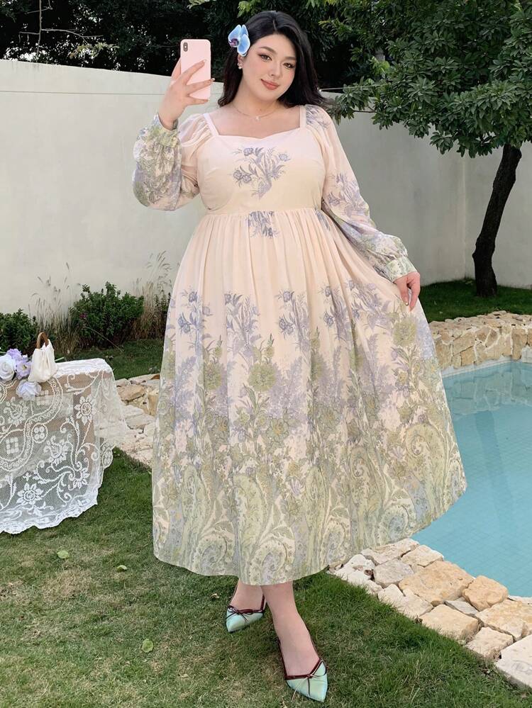 Dazy Plus Plus Size Floral Print Puff Sleeve Long Dress, Spring/Summer/Autumn DrapedDress Women Dresses Elegant Gown Party Women Dresses Milkmaid Dress,Fall Women Clothes Long Sleeve Dress