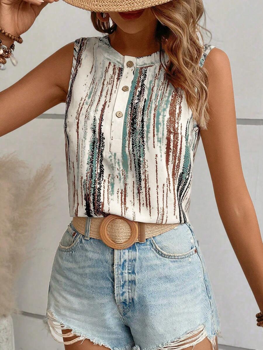 Breezaya Crew Neck Button Striped Print Sleeveless Shirt - Multicolor - View 1
